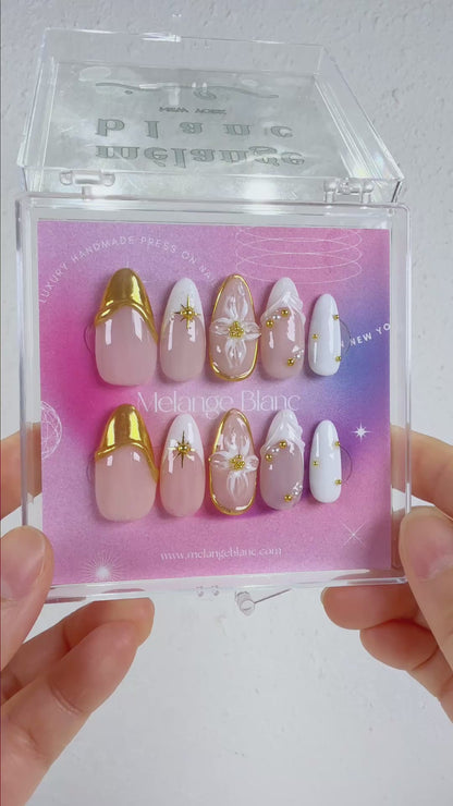 White french tip flower & gold chrome press on nails - RTS