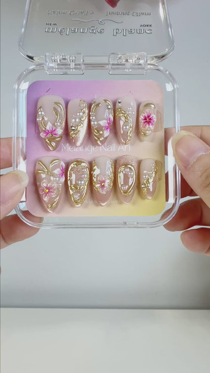 Glitter pink cat eye floral chrome press on nails PO228