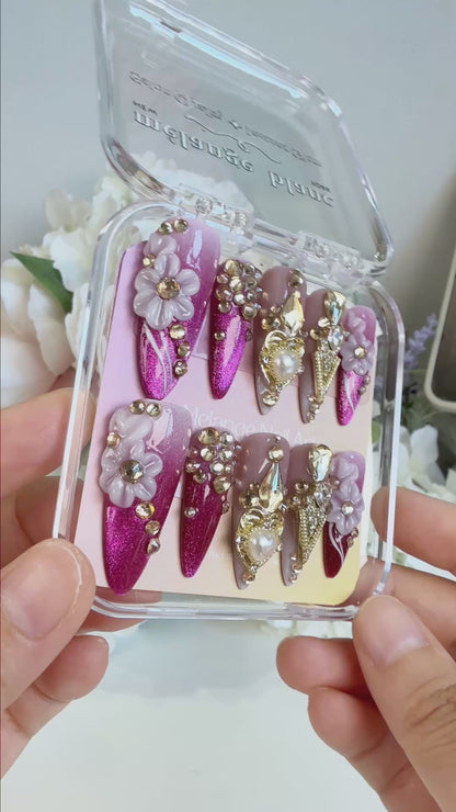 Hot Pink Cateye Gold Rhinestone 3D Flower Long Stiletto Press on Nails