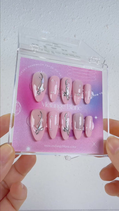 Pink french tips & silver bow pearl press on nails - RTS