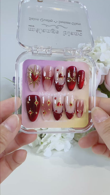 Red Cat Eye Heart Valentine Press On Nails