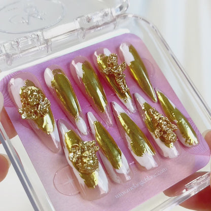 PO025 3D gold chrome abstract long stiletto press on nails