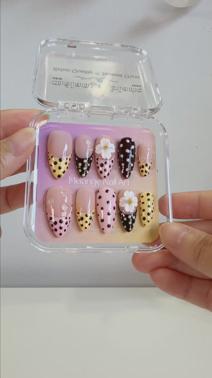 Pink, yellow, brown polkadot french tips flower press on nails PO211
