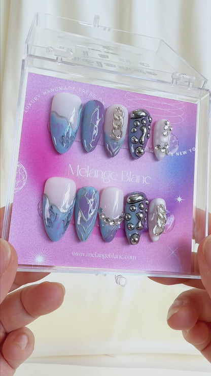 PO115 Purple Blue 3D silver chrome Press On Nails with chains