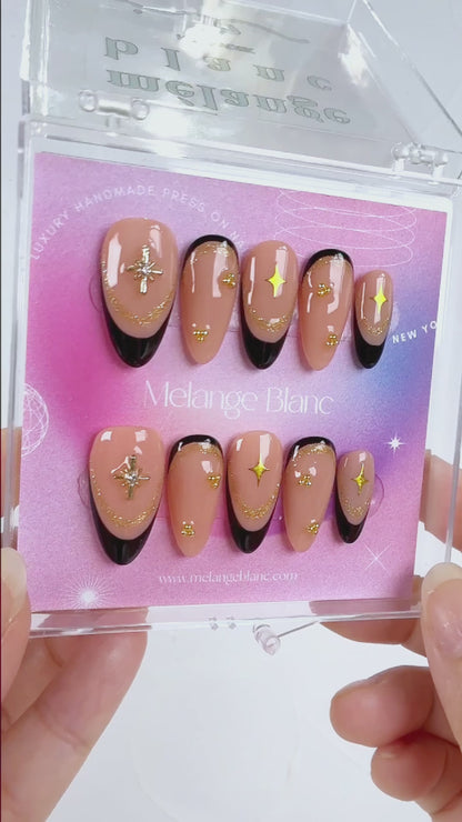 Gold charm & black french tips press on nails