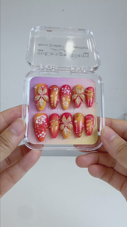 Tropical Sunset Ombre Gold Chrome 3D Flower Press On Nail PO074