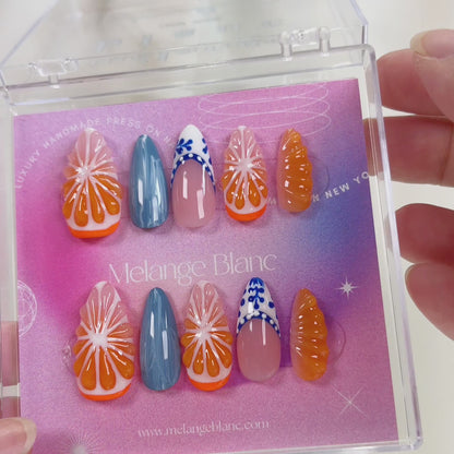 Orange 3D fruit tropical blue press on nails RTS PO053