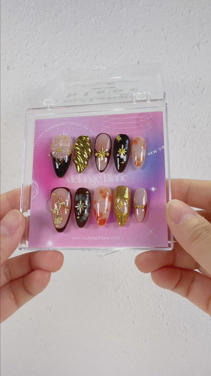 Autumn 3D flower with gold chrome press on nails - RTS