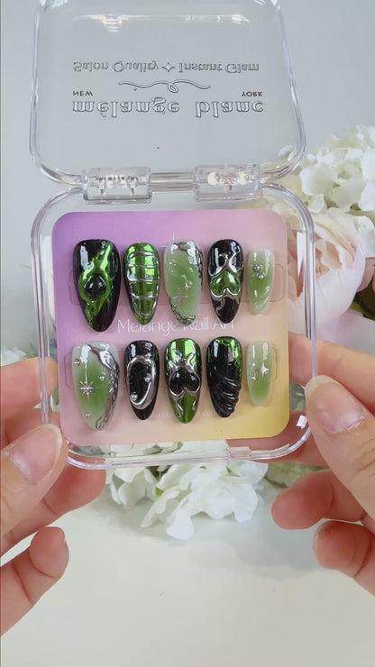 Green Chrome Heart Y2K Press On Nails