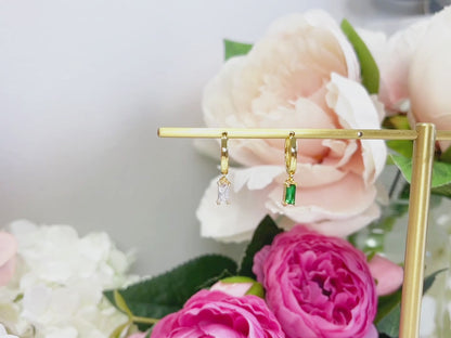 E166 gold baguette dangle huggie hoop earrings