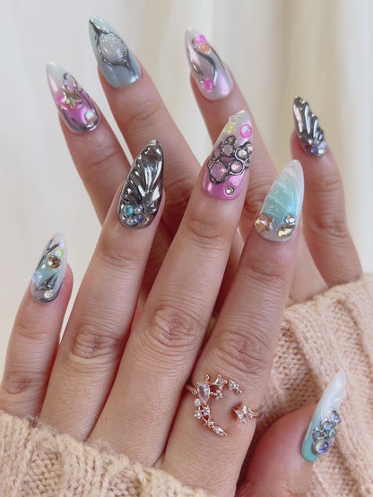 PO102 blue silver chrome galaxy abstract press on nails