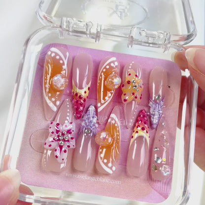 PO028 3D tropical flower long stiletto press on nails