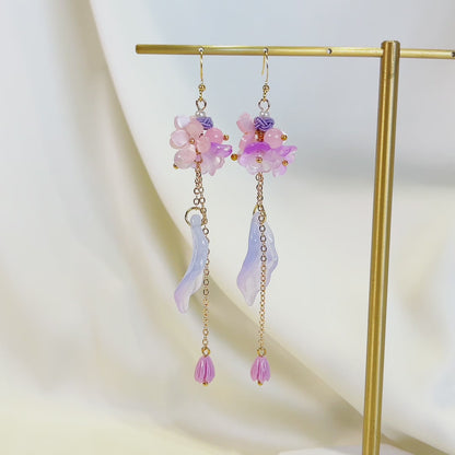 E194 purple flower long dangle earrings