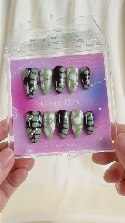 Brown & green abstract press on nails - RTS