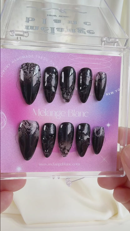 Black ombre lace flower press on nails - RTS