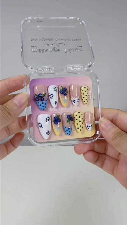 Blue & yellow polkadot blueberry 3D fruit press on nails PO199