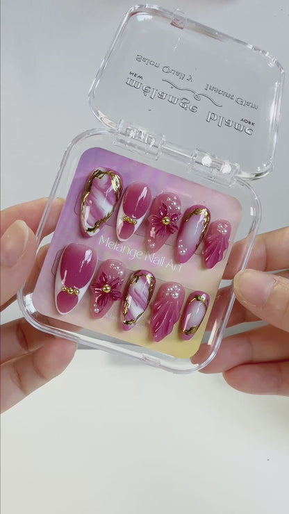 Pink 3D Flower Gold Chrome Pearl Marble Press On Nails PO214