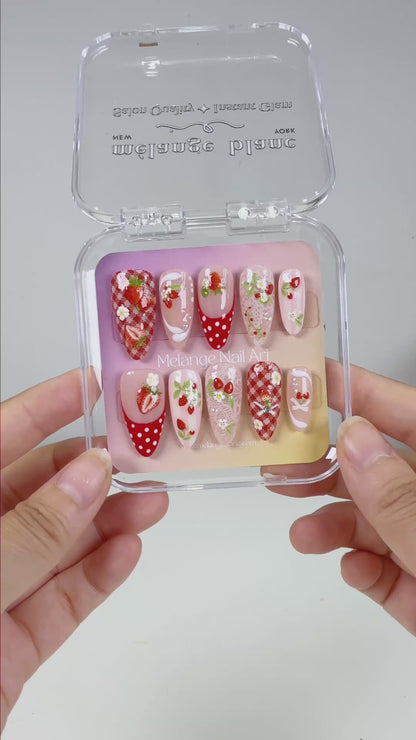 Red strawberry white lace polkadot french tips press on nails PO203