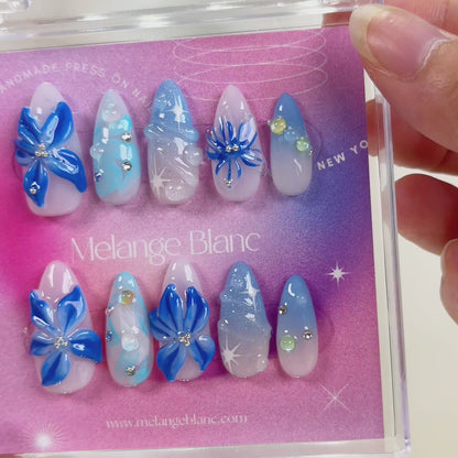 Ocean blue 3D flower ombre glitter press on nails RTS PO051