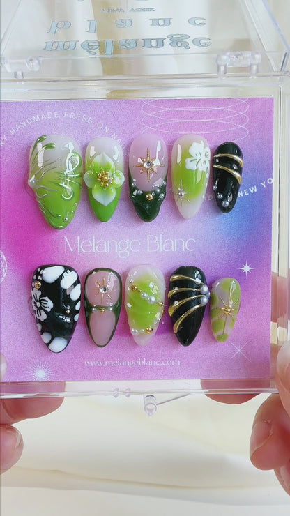 Green 3D flower chrome almond press on nails - RTS
