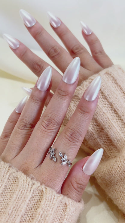 PO098 glazed donut nails, pearl white nails, Glazed Pearl Almond Press On Nails