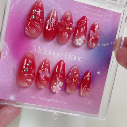 PO054 3d red aurora flower press on nails