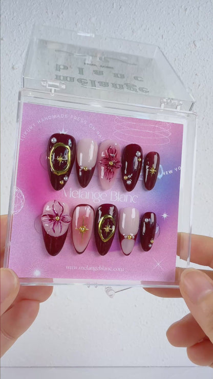 Burgundy 3D Flower & Gold Chrome Press On Nails - RTS