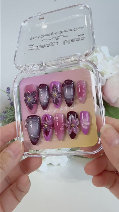 Purple 3D Flower & Pink Ombre Press On Nails