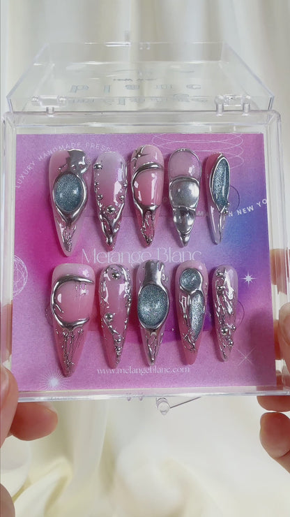 Pink ombre y2k galaxy silver chrome long stiletto press on nails RTS PO108