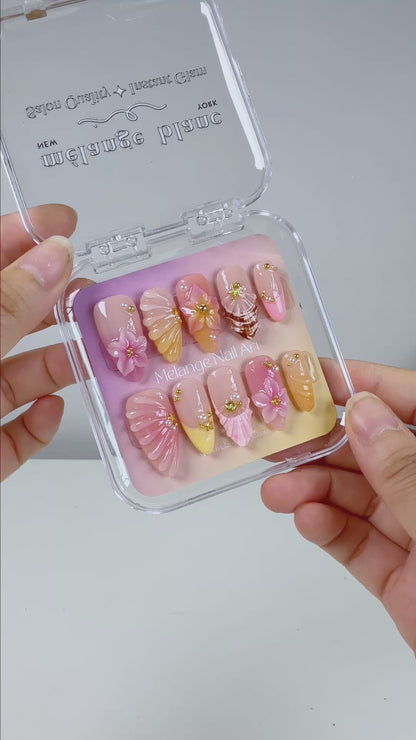 Pink & yellow 3D sea shell ombre flower press on nails PO204