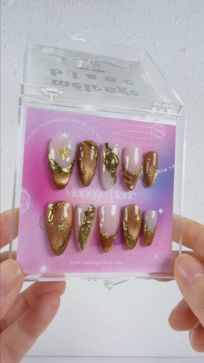 Brown cat eye gold chrome Y2K press on nails
