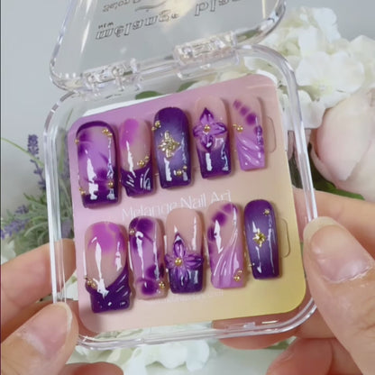Purple 3D Flower Blooming Ombre Press On Nails