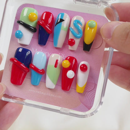 PO019 3D color block abstract geometric press on nails