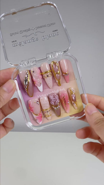 Pink Gold Chrome Bangle & Flower Butterfly Bling Press On Nails PO179