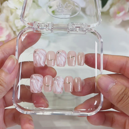 PO007 pink flower white floral press on nails
