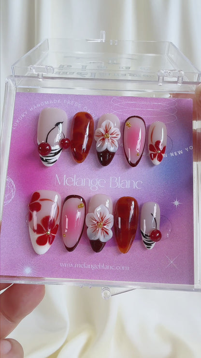Red cherry 3D floral autumn press on nails