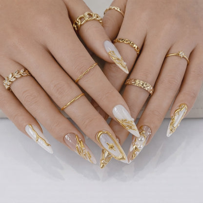 White Glazed Gold Chrome Flower Bridal Press On Nails