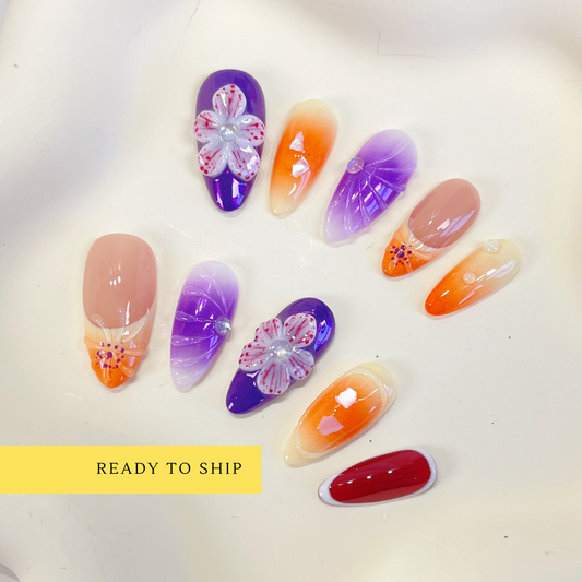 Purple & orange ombre 3D flower french almond press on nails - RTS