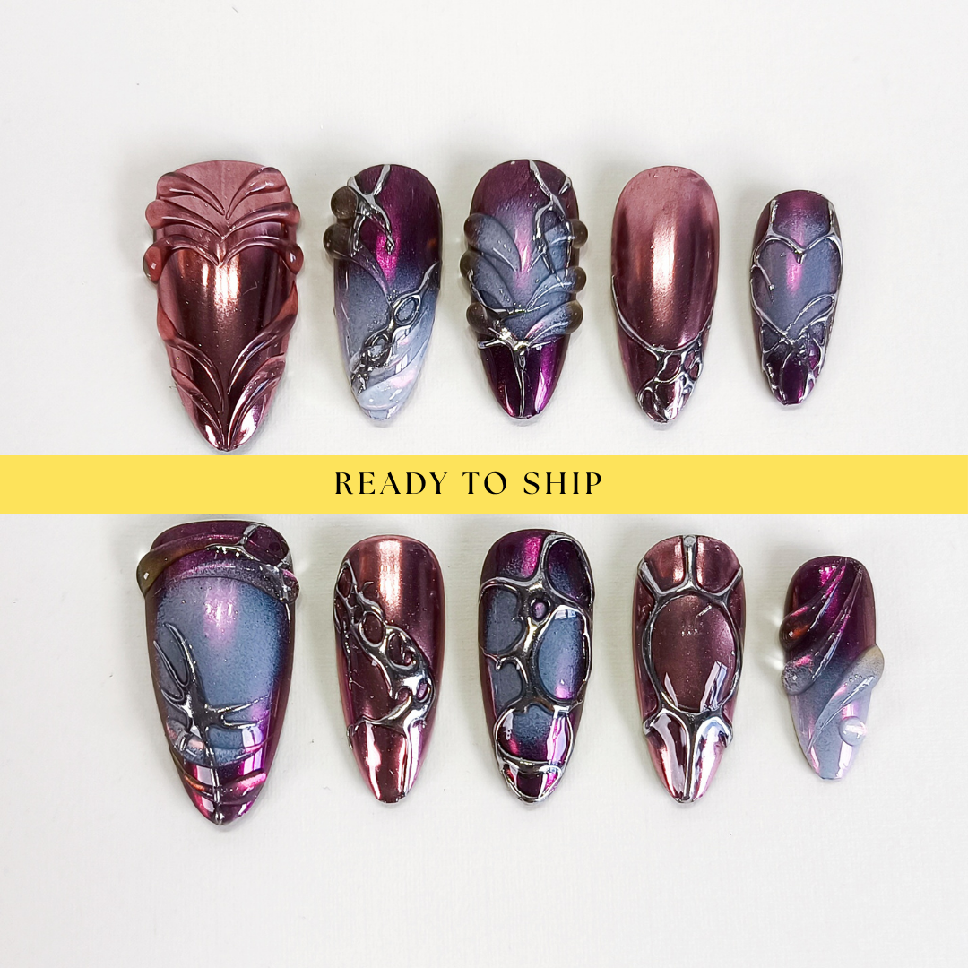 Gothic purple & silver chrome punk y2k press on nails RTS PO119