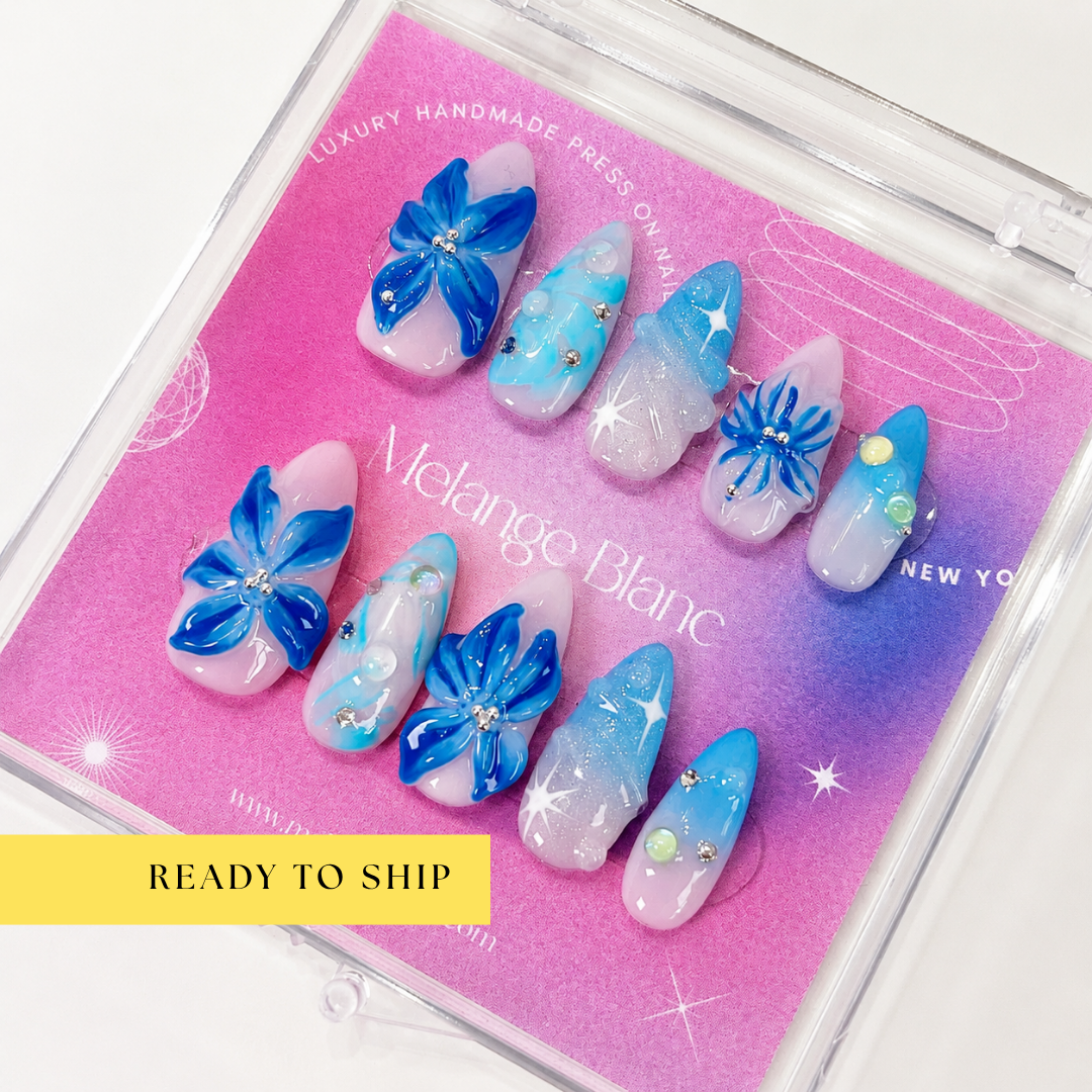 Ocean blue 3D flower ombre glitter press on nails RTS PO051