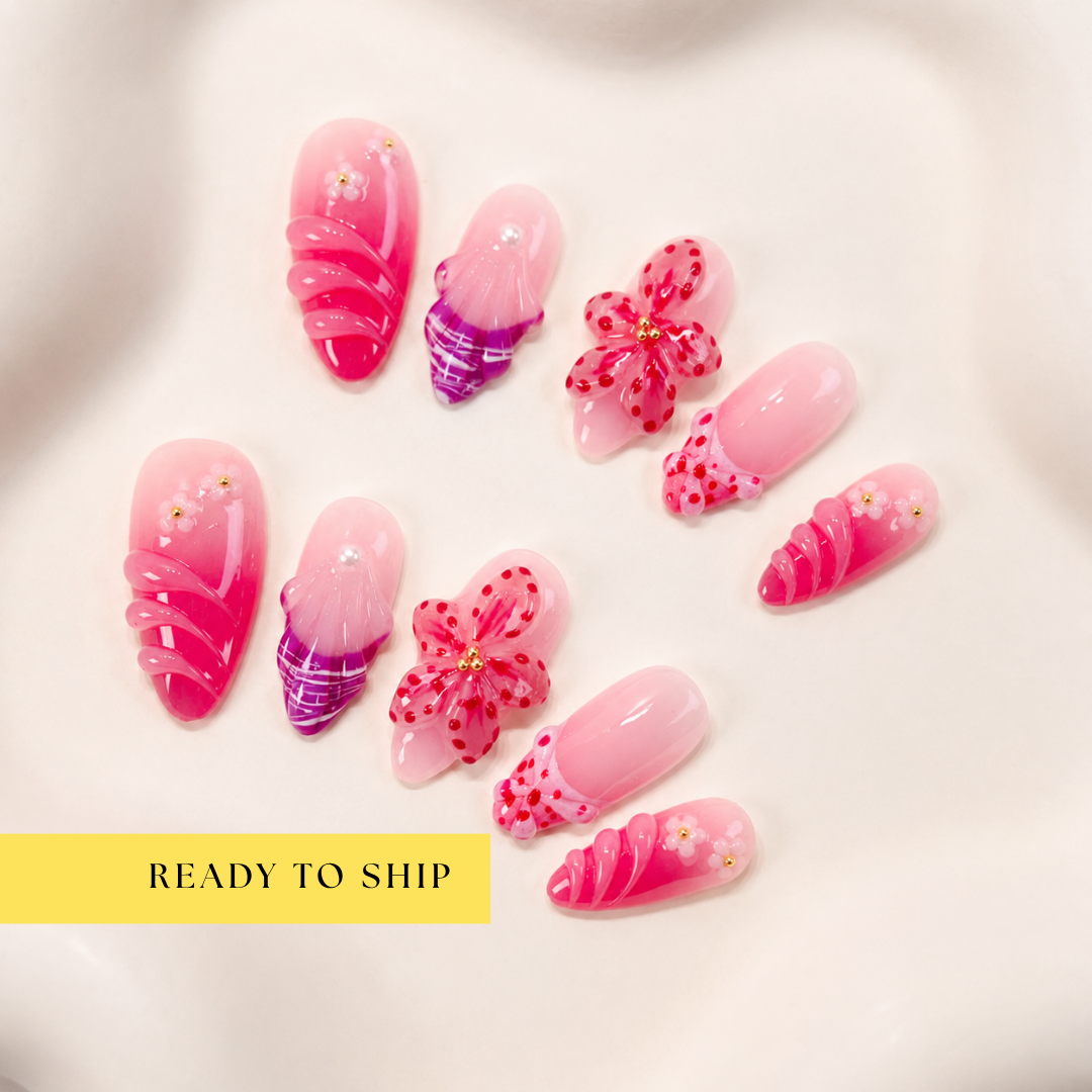 Fuchsia ombre pink 3D orchid flower almond press on nails RTS PO079