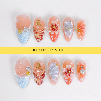 3D Flower Seashell Press On Nails - RTS
