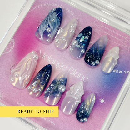 Blue ocean mermaid white chrome almond press on nails - RTS