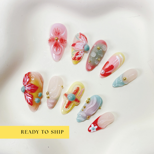 Pastel colorful 3D flower garden almond press on nails - RTS