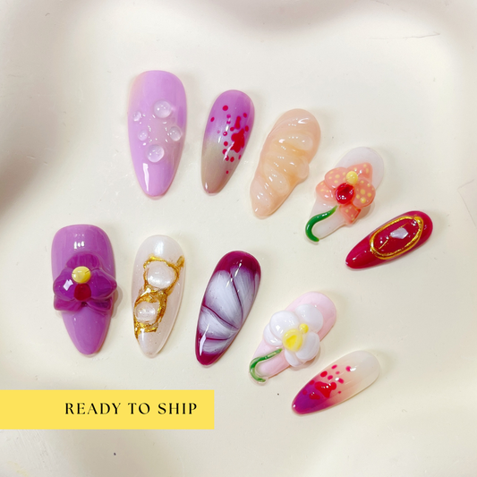 Purple 3D orchid flower almond press on nails - RTS