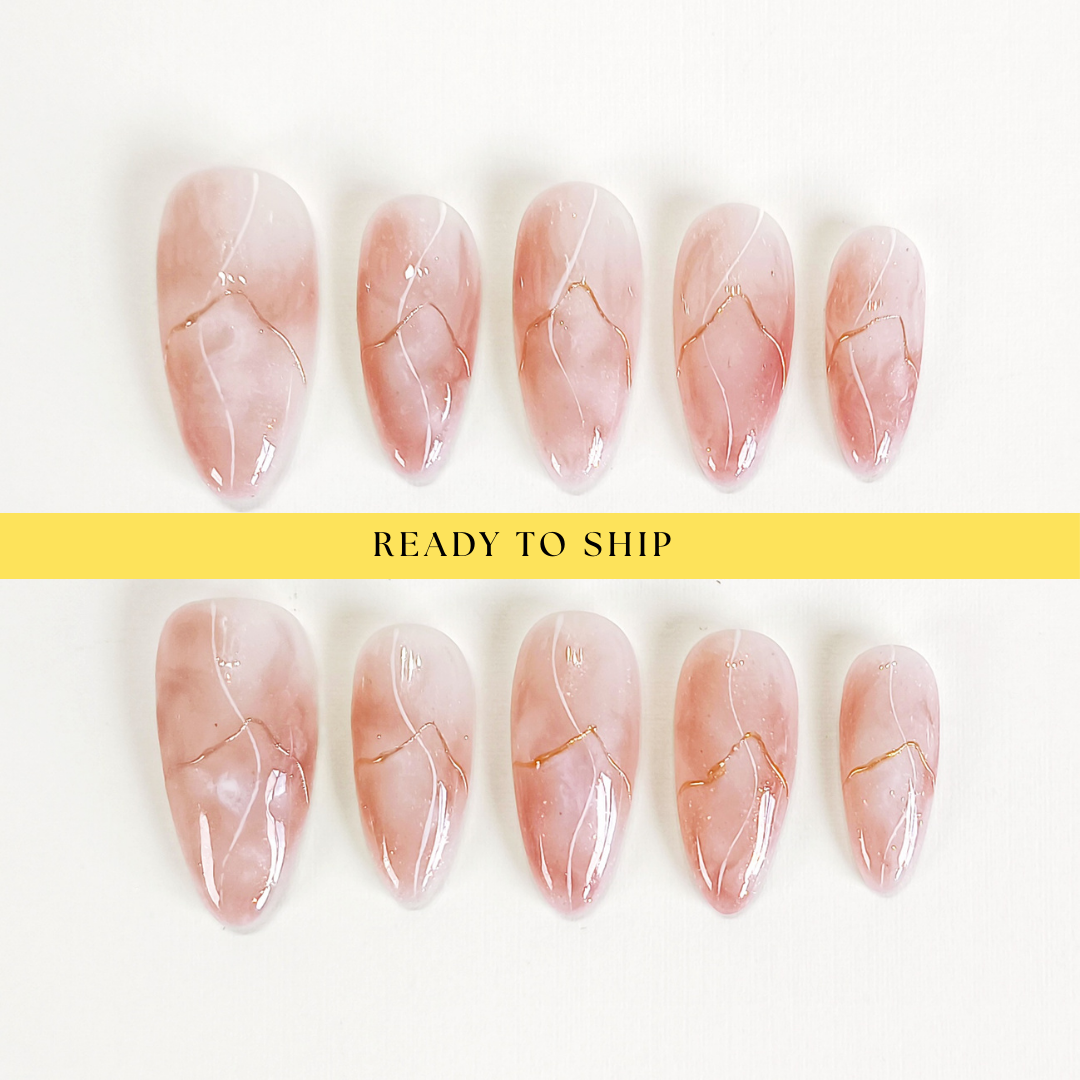 Pink marble gold chrome almond press on nails - RTS