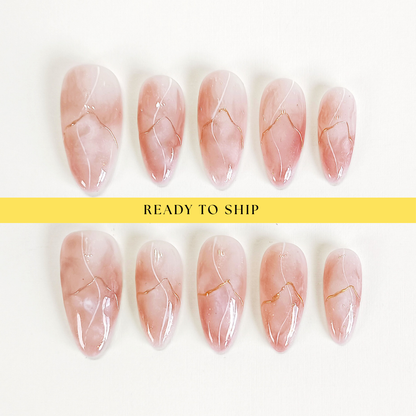 Pink marble gold chrome almond press on nails - RTS
