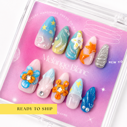 Tropical beach flower & starfish Y2K press on nails RTS PO046