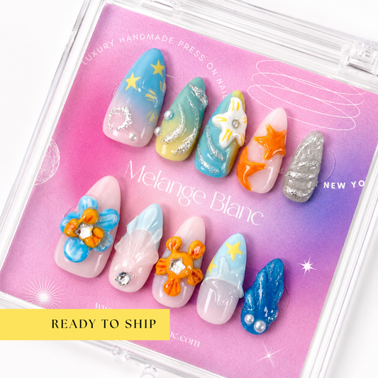 Tropical beach flower & starfish Y2K press on nails RTS PO046