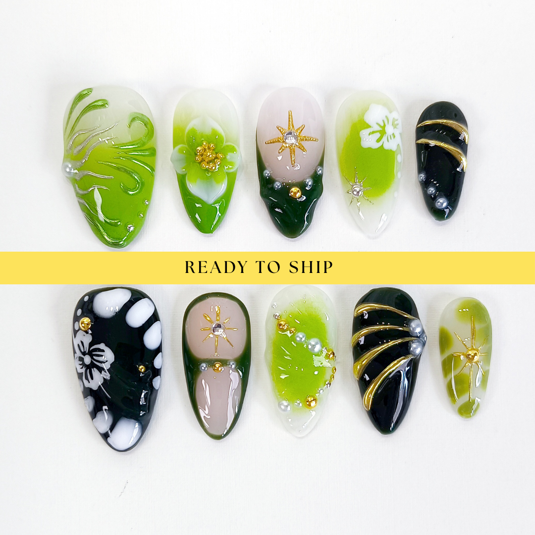 Green 3D flower chrome almond press on nails - RTS
